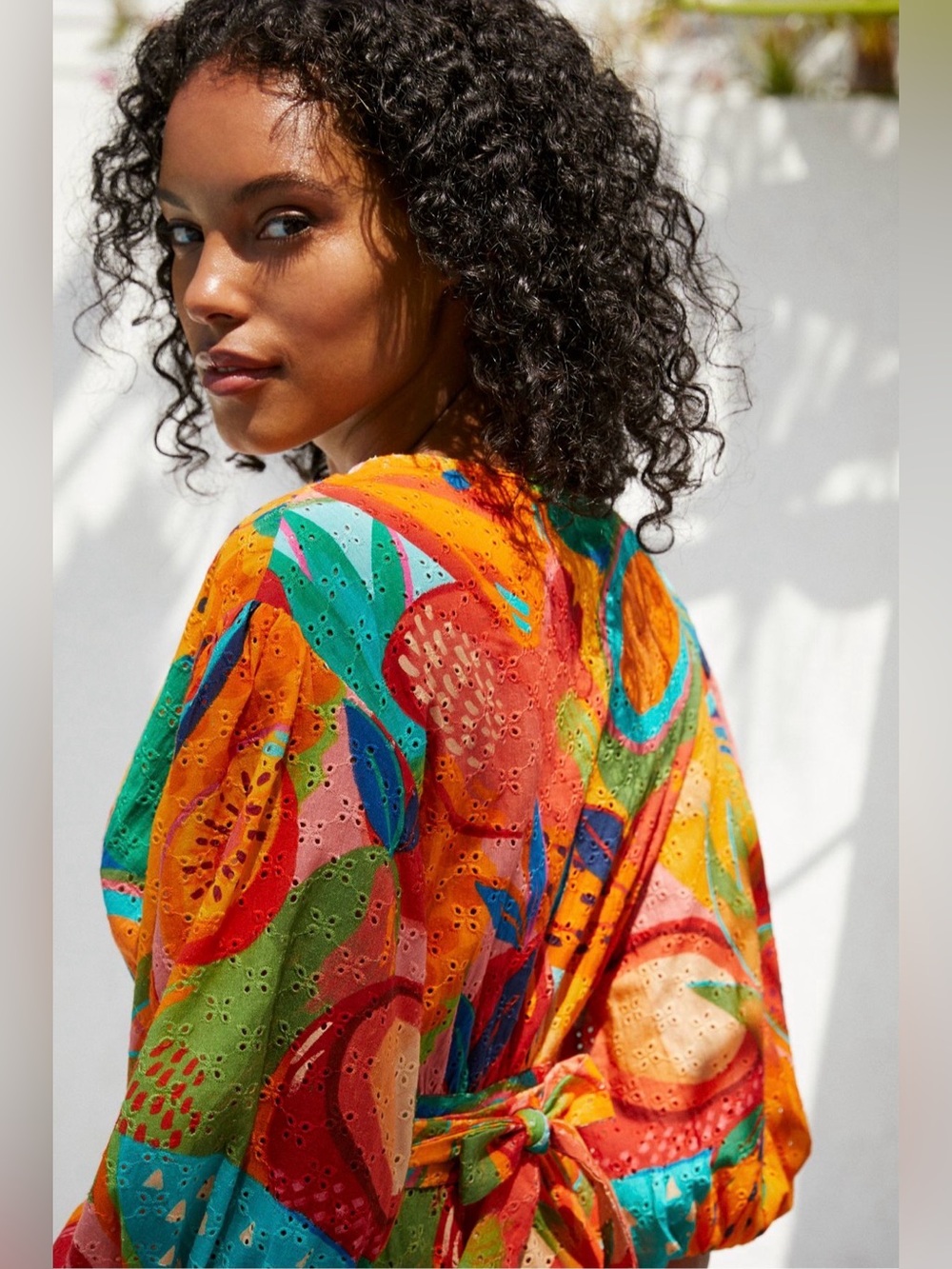 FARM Rio Summery Salad Puff-Sleeve Eyelet Tie-Waist Midi Dress Coverup. - Picture 4 of 13